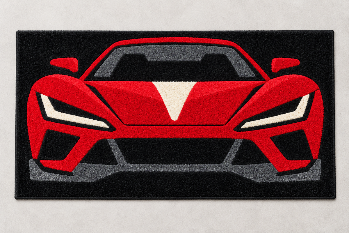 Red Sports Car Hand Tufted Wool Rug – Black & Red Racing Car Area Rug