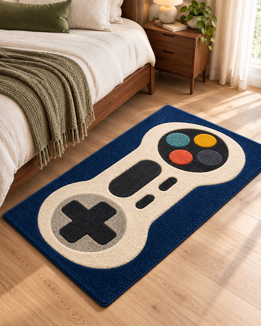 Gaming Controller Hand Tufted Wool Rug – Blue & Cream Gamer Area Rug