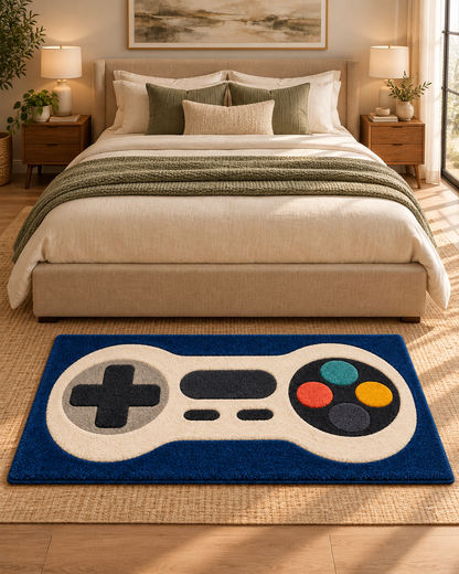 Gaming Controller Hand Tufted Wool Rug – Blue & Cream Gamer Area Rug