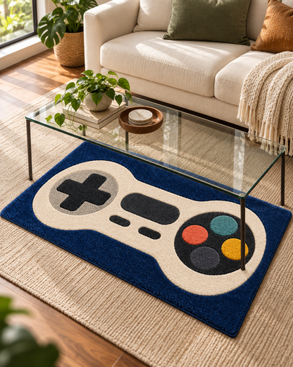 Gaming Controller Hand Tufted Wool Rug – Blue & Cream Gamer Area Rug