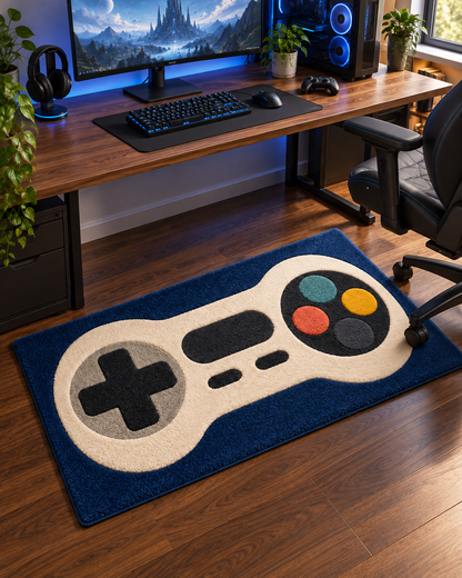 Gaming Controller Hand Tufted Wool Rug – Blue & Cream Gamer Area Rug