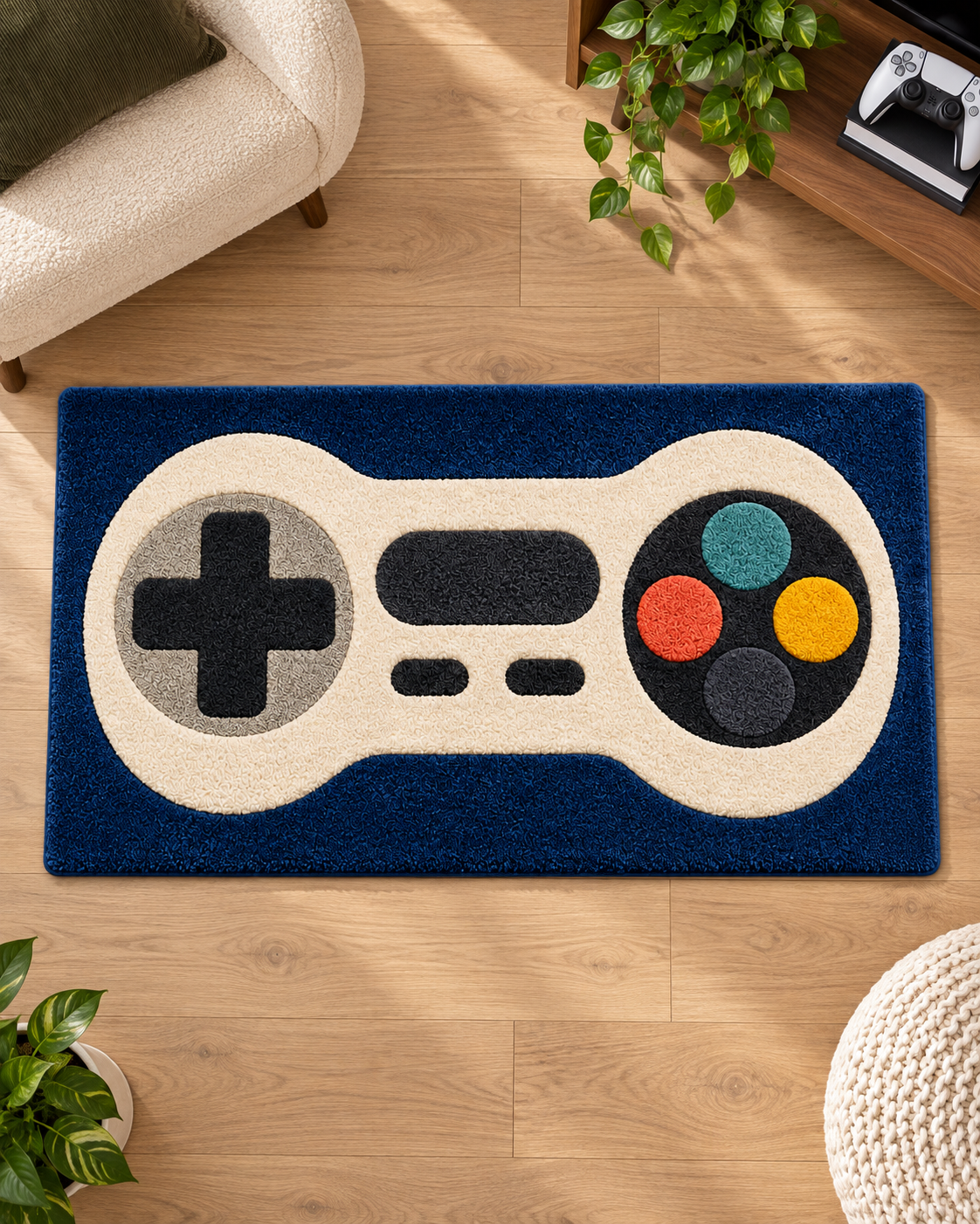 Gaming Controller Hand Tufted Wool Rug – Blue & Cream Gamer Area Rug