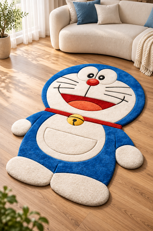 Doraemon Inspired Hand Tufted Wool Rug – Blue Cartoon Character Kids Room Rug