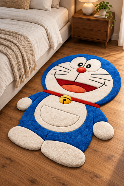 Doraemon Inspired Hand Tufted Wool Rug – Blue Cartoon Character Kids Room Rug