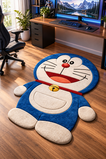 Doraemon Inspired Hand Tufted Wool Rug – Blue Cartoon Character Kids Room Rug