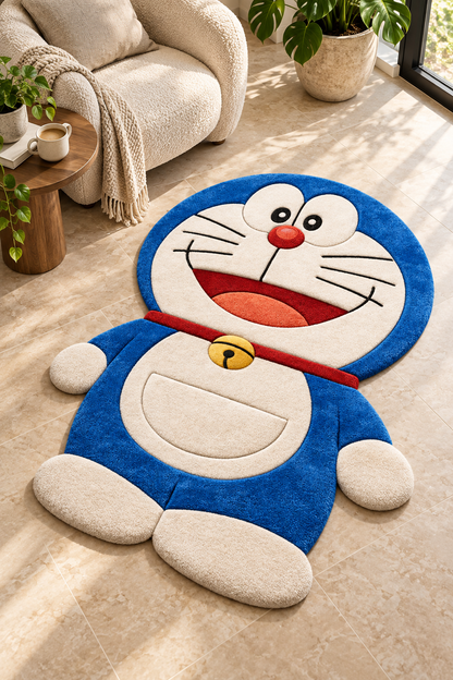 Doraemon Inspired Hand Tufted Wool Rug – Blue Cartoon Character Kids Room Rug