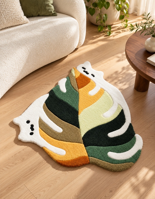 Abstract Ghost Hand Tufted Wool Rug – Green, Orange & Cream Irregular Shape Rug