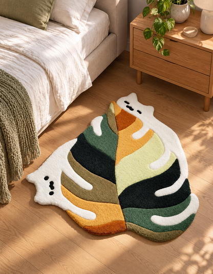 Abstract Ghost Hand Tufted Wool Rug – Green, Orange & Cream Irregular Shape Rug