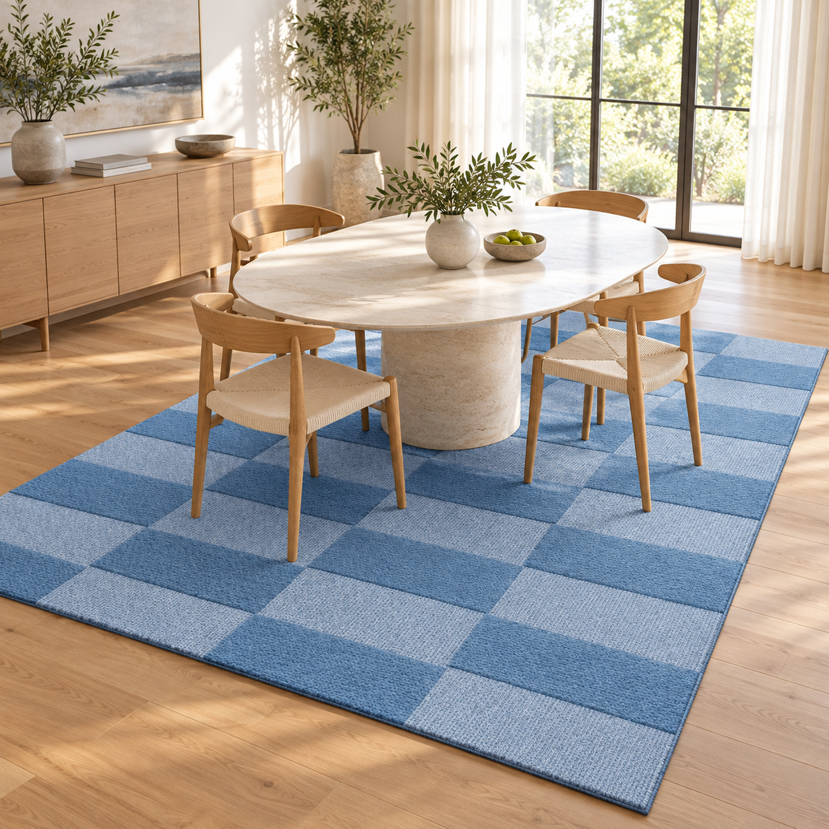 Blue Checkerboard Hand Tufted Wool Rug – Light Blue Geometric Area Rug