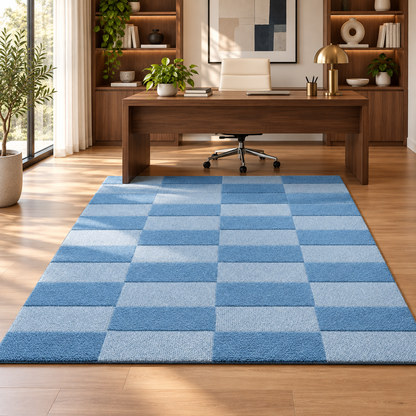 Blue Checkerboard Hand Tufted Wool Rug – Light Blue Geometric Area Rug