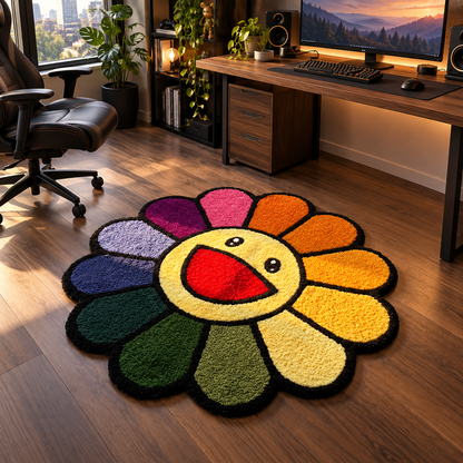 Rainbow Smiley Flower Hand Tufted Wool Rug – Colorful Happy Face Floral Rug