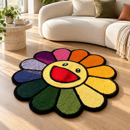 Rainbow Smiley Flower Hand Tufted Wool Rug – Colorful Happy Face Floral Rug
