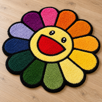 Rainbow Smiley Flower Hand Tufted Wool Rug – Colorful Happy Face Floral Rug