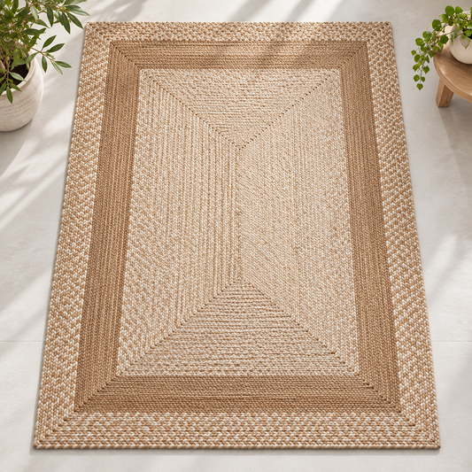 Natural Jute Area Rug – Beige & Ivory Geometric Border Rug for Living Room, Dining Room & Bedroom