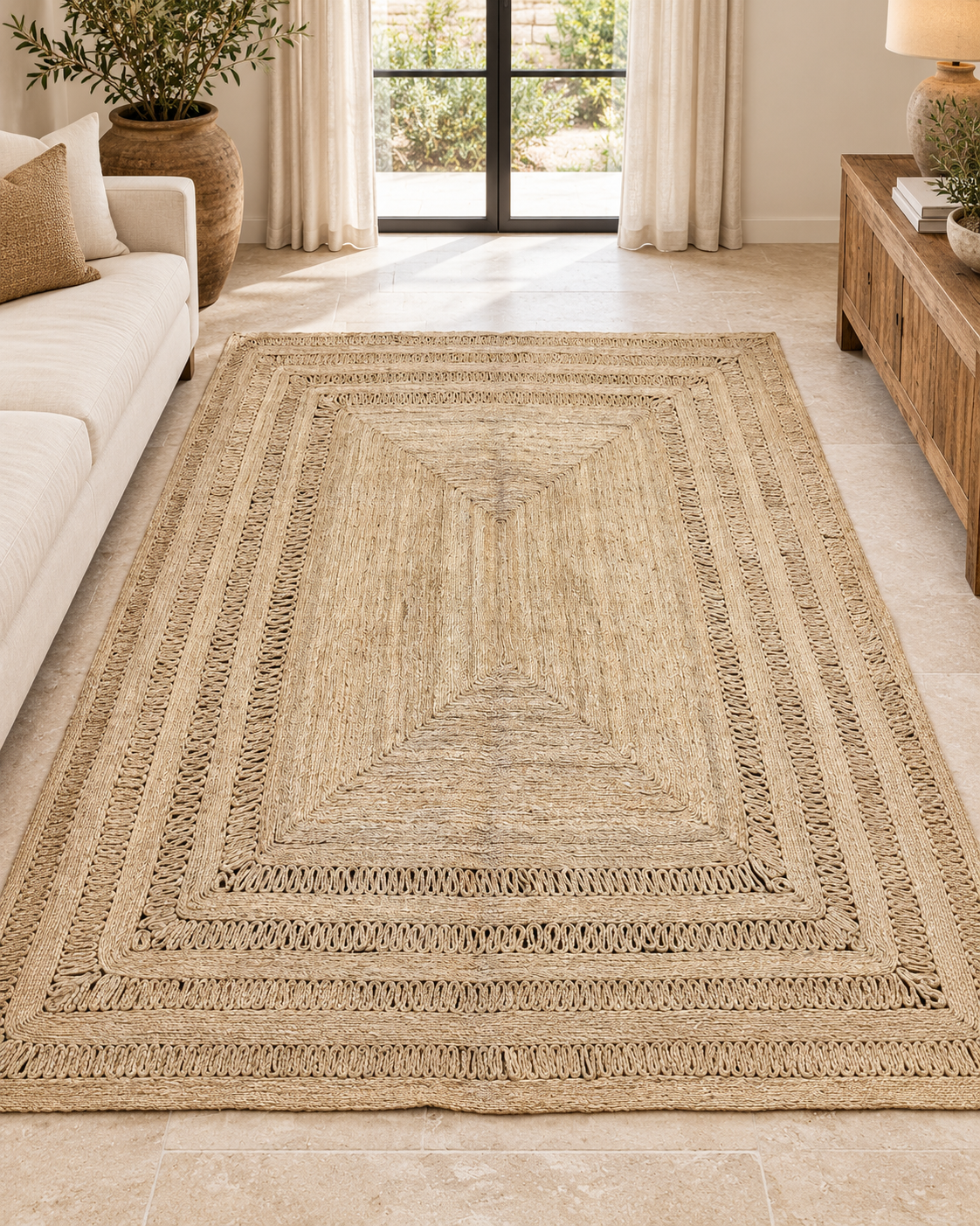 Natural Jute Area Rug – Beige Layered Border Rug with Open-Weave Detail for Living Room & Bedroom