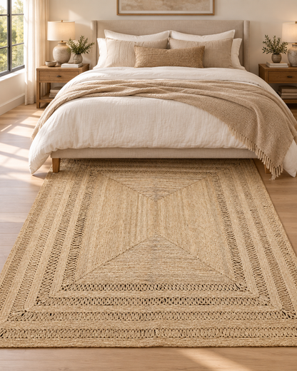 Natural Jute Area Rug – Beige Layered Border Rug with Open-Weave Detail for Living Room & Bedroom