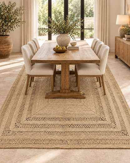 Natural Jute Area Rug – Beige Layered Border Rug with Open-Weave Detail for Living Room & Bedroom
