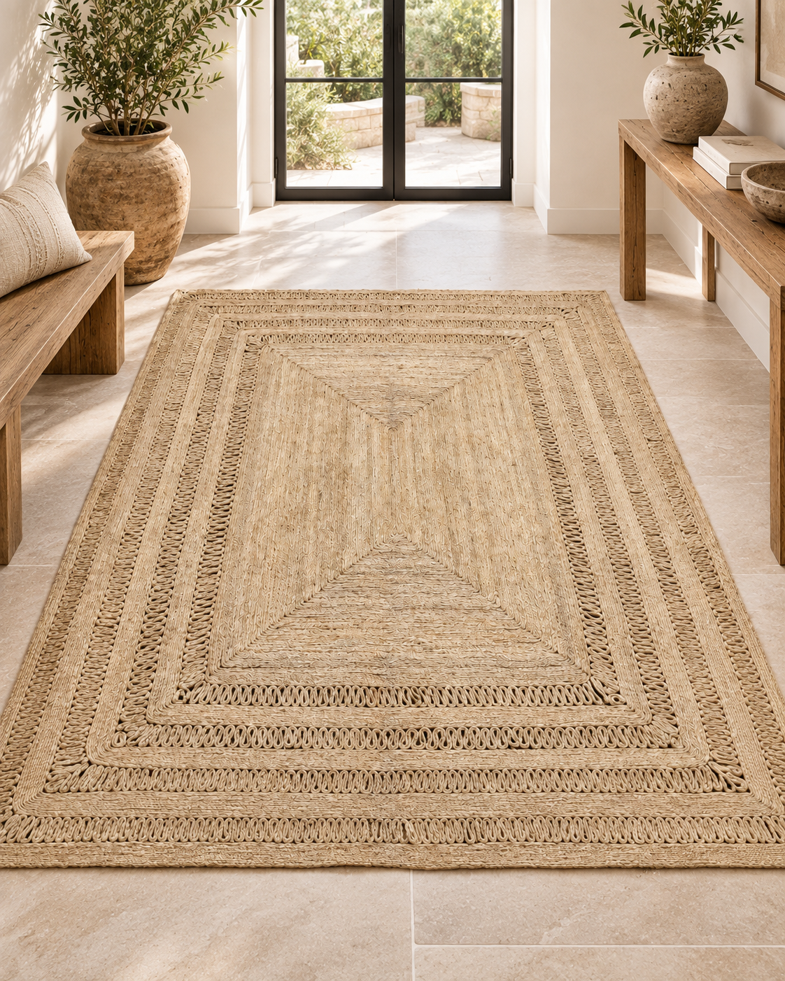 Natural Jute Area Rug – Beige Layered Border Rug with Open-Weave Detail for Living Room & Bedroom