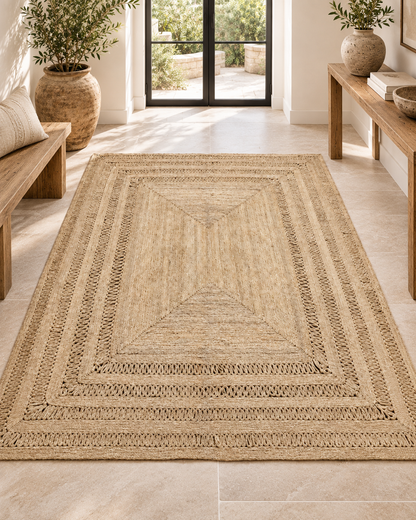 Natural Jute Area Rug – Beige Layered Border Rug with Open-Weave Detail for Living Room & Bedroom