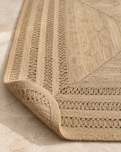 Natural Jute Area Rug – Beige Layered Border Rug with Open-Weave Detail for Living Room & Bedroom
