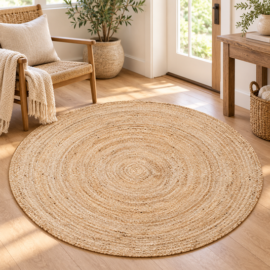 Round Natural Jute Area Rug – Handwoven Beige Circular Rug for Living Room, Bedroom & Entryway
