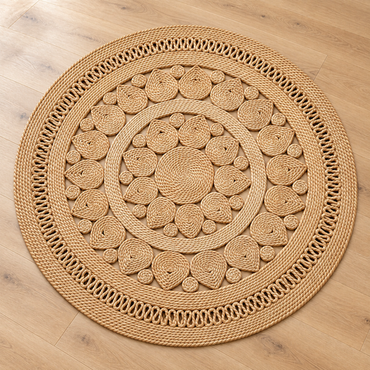 Round Natural Jute Mandala Rug – Beige Braided Floral Circle Rug for Living Room, Bedroom & Boho Home Decor