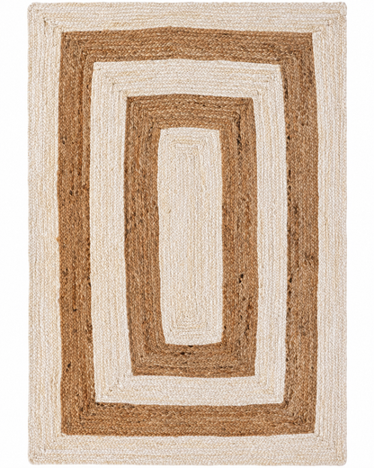 Natural & Ivory Braided Jute Area Rug – Rectangular Geometric Border Rug for Living Room, Bedroom & Dining Room