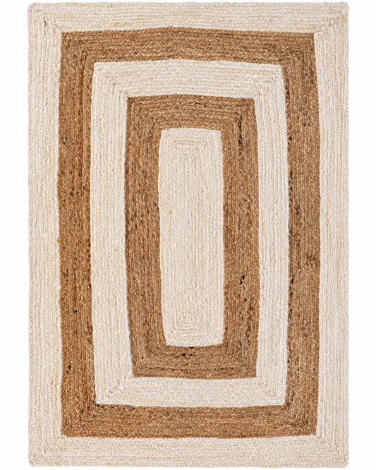 Natural & Ivory Braided Jute Area Rug – Rectangular Geometric Border Rug for Living Room, Bedroom & Dining Room