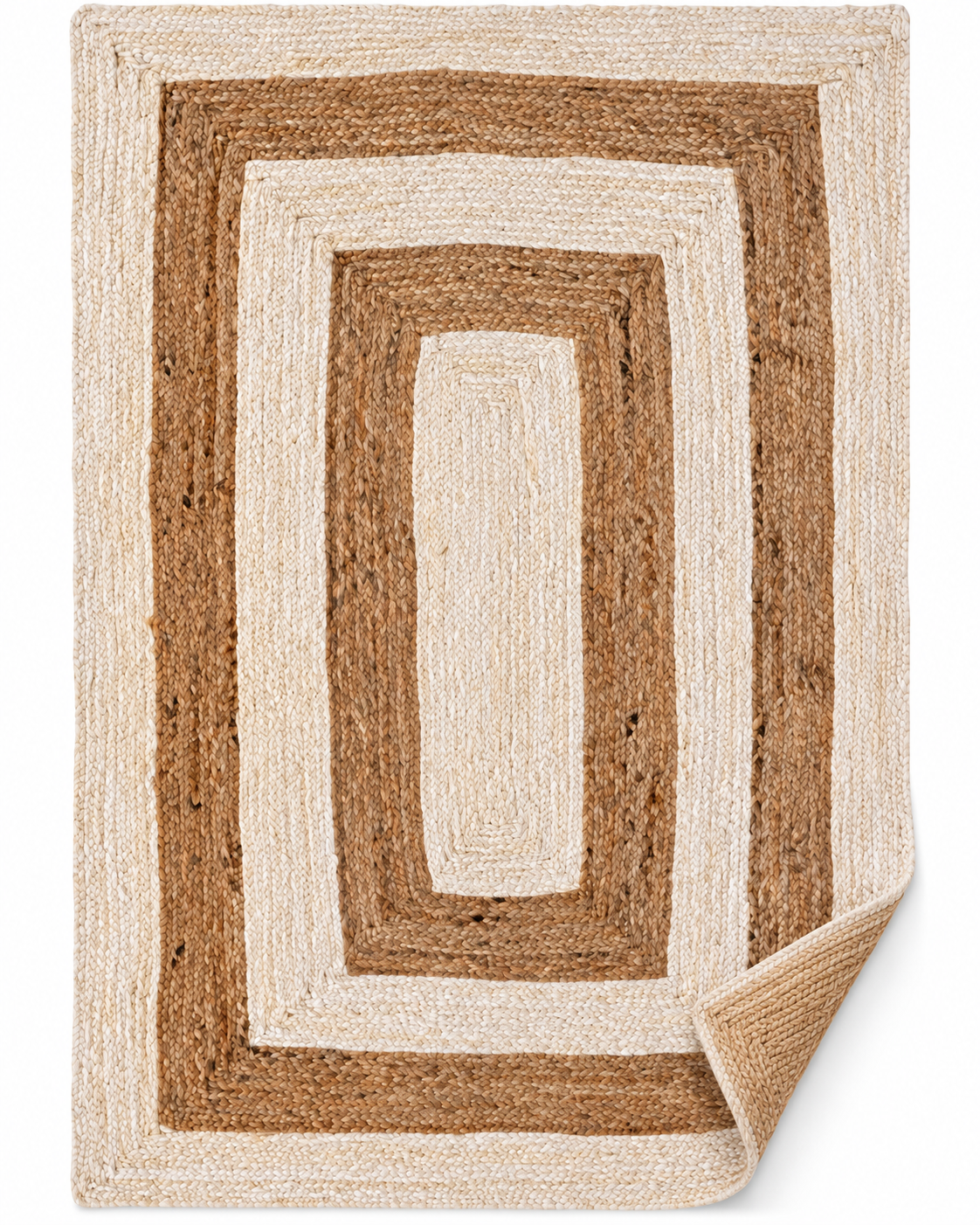 Natural & Ivory Braided Jute Area Rug – Rectangular Geometric Border Rug for Living Room, Bedroom & Dining Room