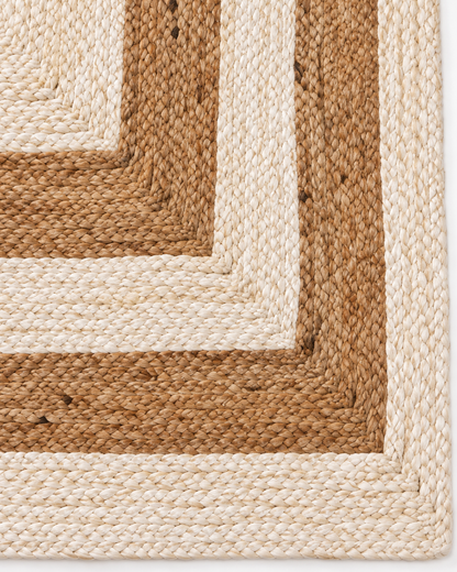 Natural & Ivory Braided Jute Area Rug – Rectangular Geometric Border Rug for Living Room, Bedroom & Dining Room