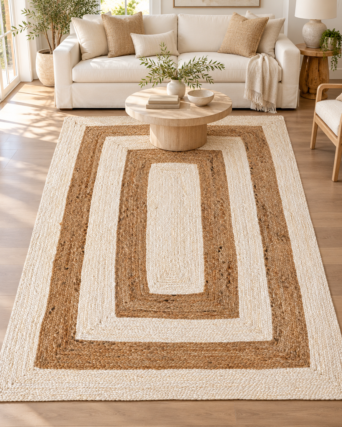 Natural & Ivory Braided Jute Area Rug – Rectangular Geometric Border Rug for Living Room, Bedroom & Dining Room