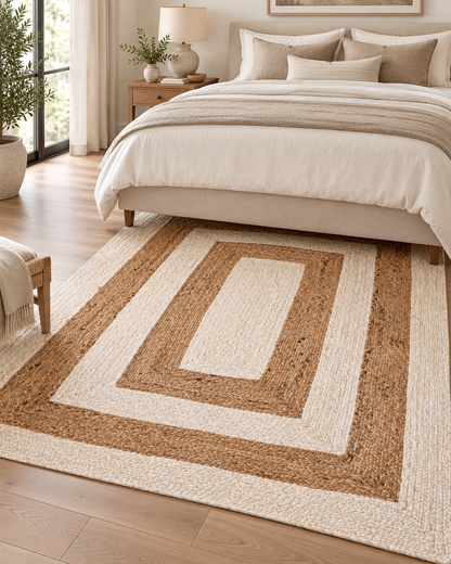 Natural & Ivory Braided Jute Area Rug – Rectangular Geometric Border Rug for Living Room, Bedroom & Dining Room