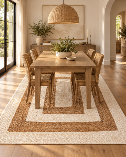 Natural & Ivory Braided Jute Area Rug – Rectangular Geometric Border Rug for Living Room, Bedroom & Dining Room