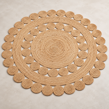 Round Natural Jute Medallion Rug – Braided Circle Border Area Rug for Living Room, Bedroom & Boho