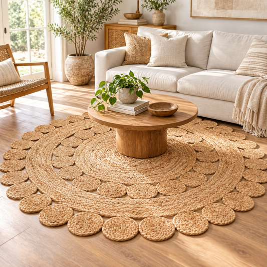 Round Natural Jute Medallion Rug – Braided Circle Border Area Rug for Living Room, Bedroom & Boho