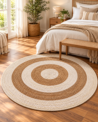 Round Natural & Ivory Jute Area Rug – Braided Concentric Circle Rug for Bedroom, Living Room & Boho Decor
