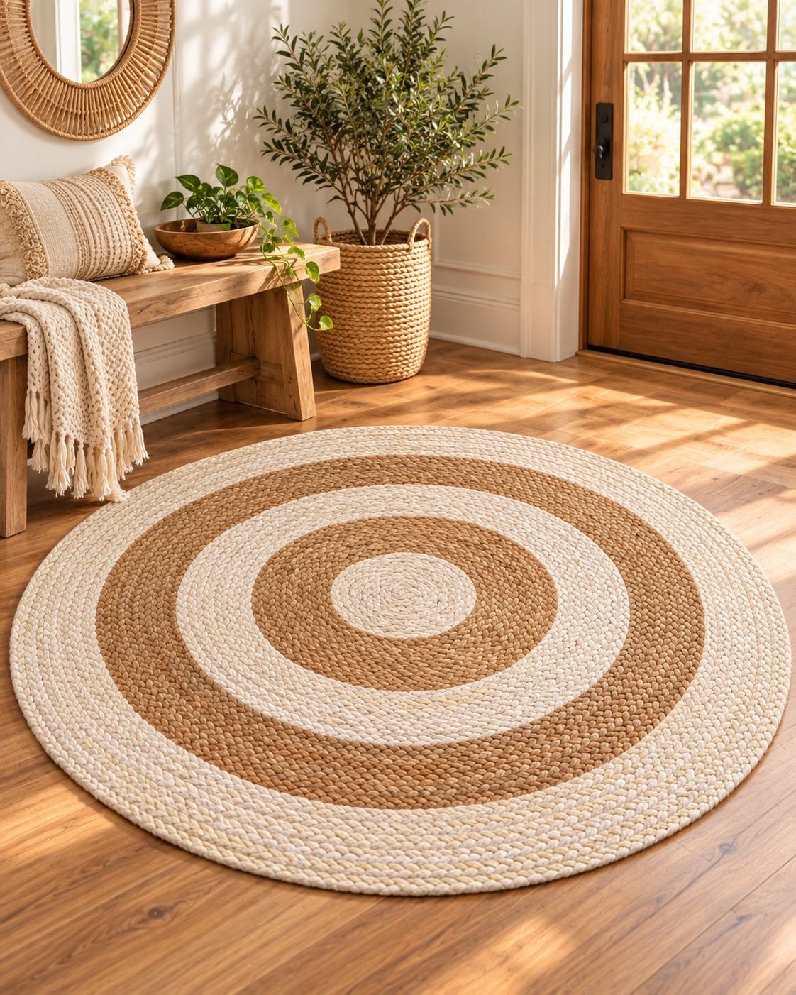 Round Natural & Ivory Jute Area Rug – Braided Concentric Circle Rug for Bedroom, Living Room & Boho Decor