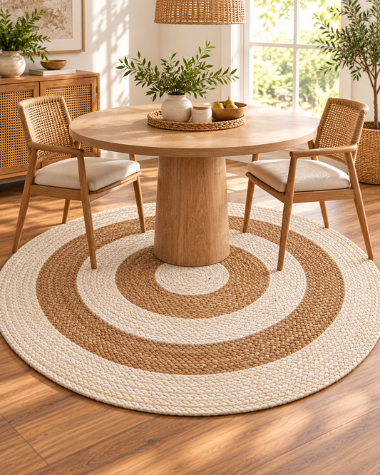 Round Natural & Ivory Jute Area Rug – Braided Concentric Circle Rug for Bedroom, Living Room & Boho Decor