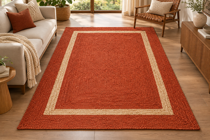 Rust Orange & Natural Jute Area Rug – Rectangular Border Design Rug for Living Room, Bedroom & Modern Home Decor