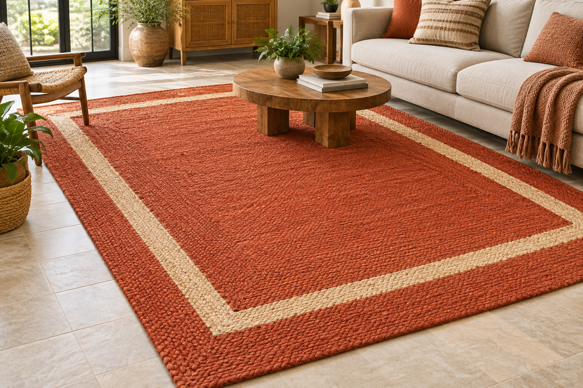 Rust Orange & Natural Jute Area Rug – Rectangular Border Design Rug for Living Room, Bedroom & Modern Home Decor