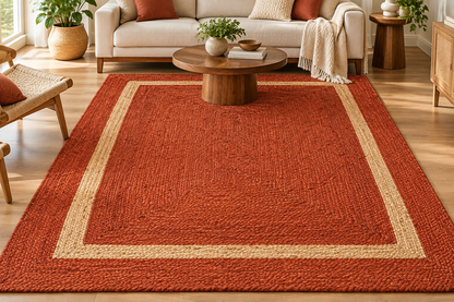 Rust Orange & Natural Jute Area Rug – Rectangular Border Design Rug for Living Room, Bedroom & Modern Home Decor
