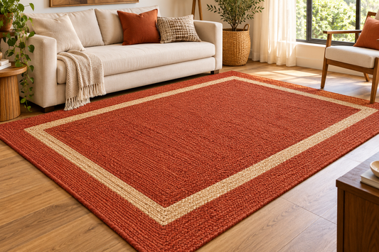 Rust Orange & Natural Jute Area Rug – Rectangular Border Design Rug for Living Room, Bedroom & Modern Home Decor