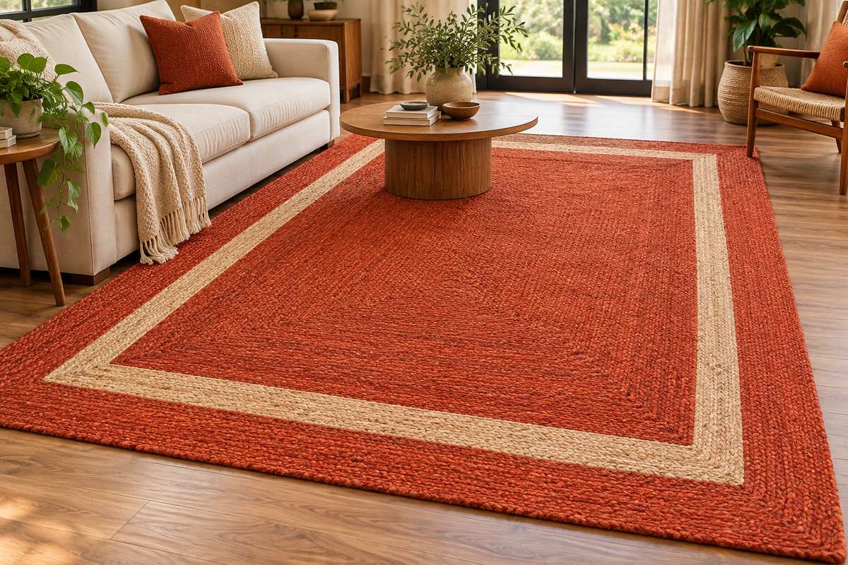 Rust Orange & Natural Jute Area Rug – Rectangular Border Design Rug for Living Room, Bedroom & Modern Home Decor