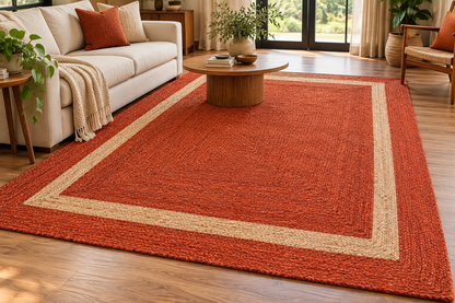 Rust Orange & Natural Jute Area Rug – Rectangular Border Design Rug for Living Room, Bedroom & Modern Home Decor
