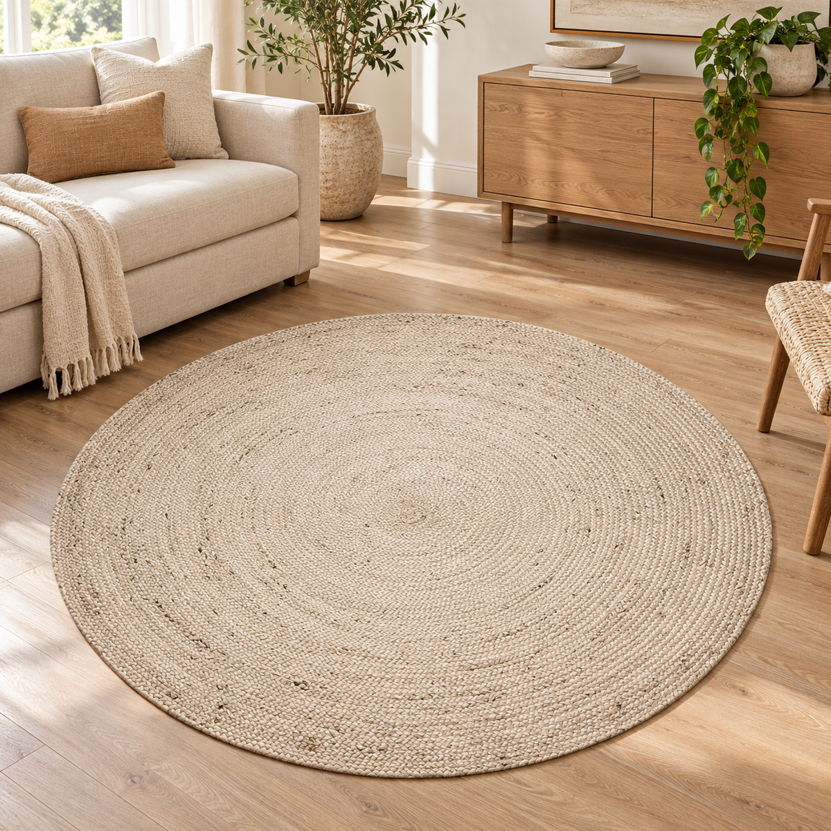 Round Natural Beige Jute Area Rug – Braided Circular Rug for Entryway, Living Room & Bedroom