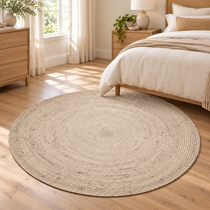 Round Natural Beige Jute Area Rug – Braided Circular Rug for Entryway, Living Room & Bedroom