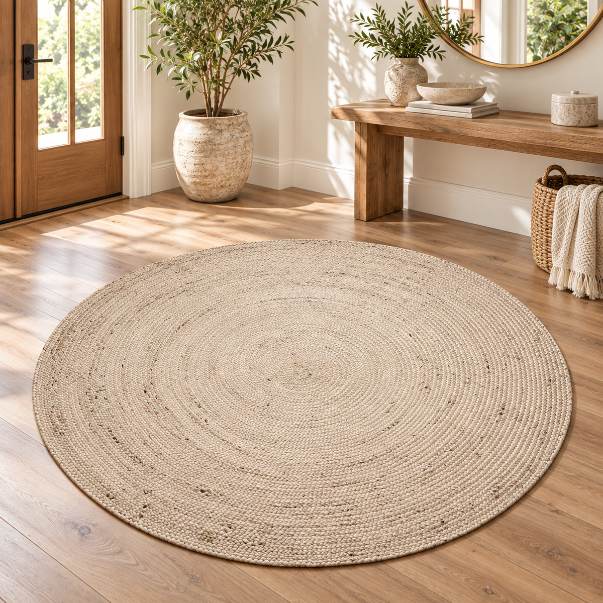Round Natural Beige Jute Area Rug – Braided Circular Rug for Entryway, Living Room & Bedroom