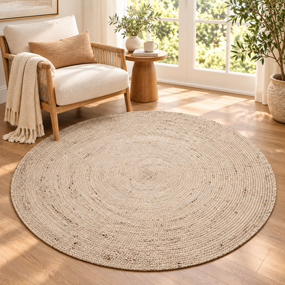 Round Natural Beige Jute Area Rug – Braided Circular Rug for Entryway, Living Room & Bedroom