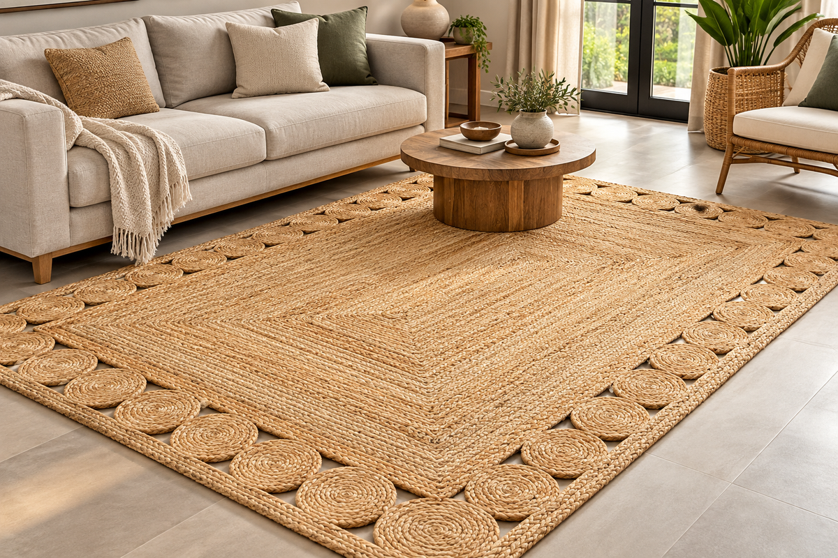Natural Braided Jute Area Rug – Rectangular Medallion Border Rug for Living Room, Bedroom & Boho Home Decor