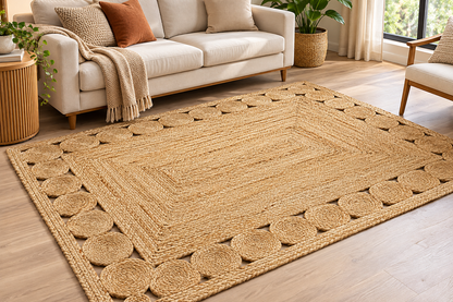 Natural Braided Jute Area Rug – Rectangular Medallion Border Rug for Living Room, Bedroom & Boho Home Decor